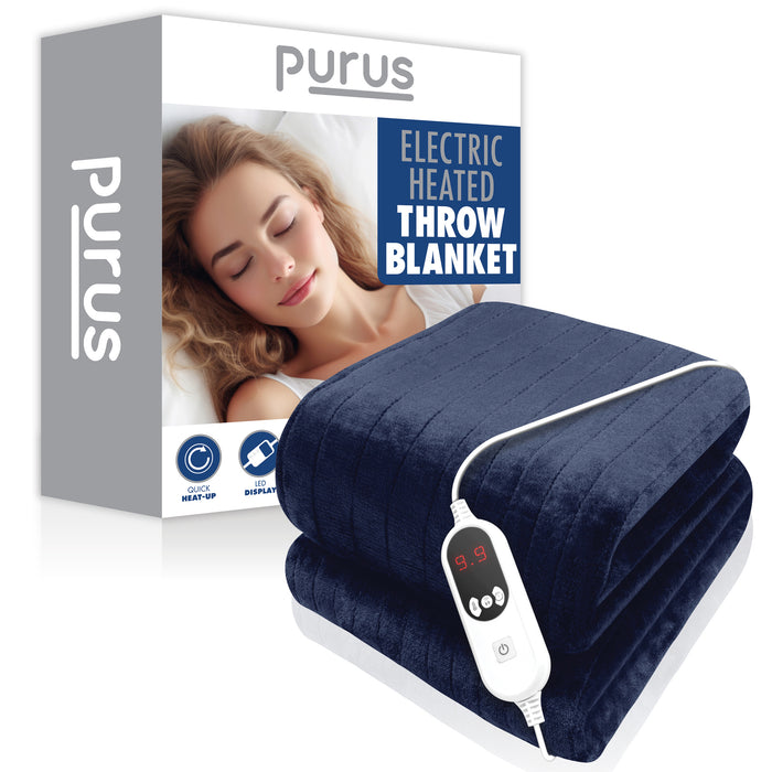 Purus Purus Navy Blue Electric Heated Blanket | Soft Fleece Throw with Timer