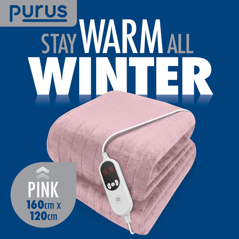 Purus Purus Pink Electric Heated Blanket | Soft Fleece Throw with Timer