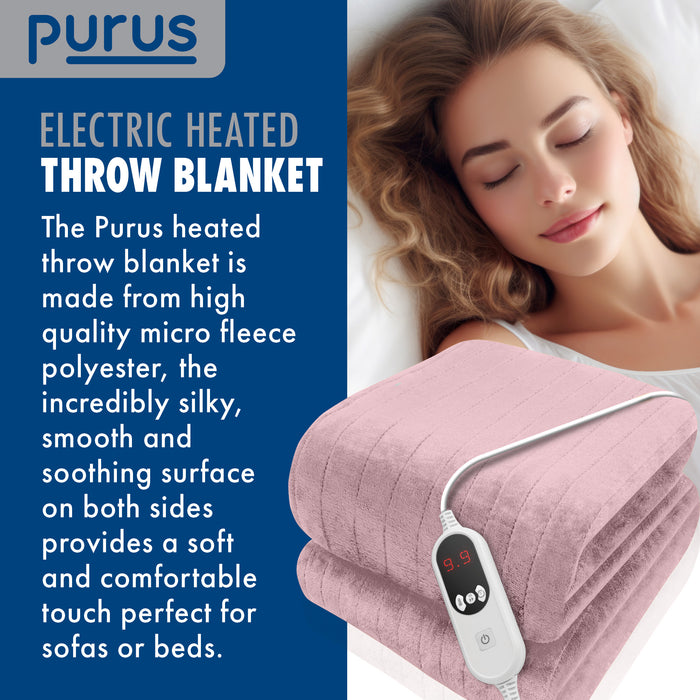 Purus Purus Pink Electric Heated Blanket | Soft Fleece Throw with Timer