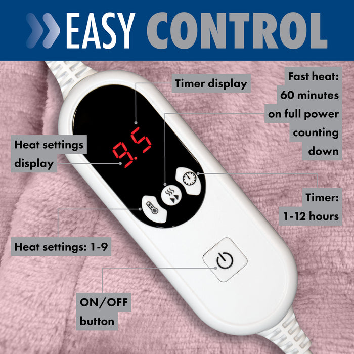 Purus Purus Pink Electric Heated Blanket | Soft Fleece Throw with Timer