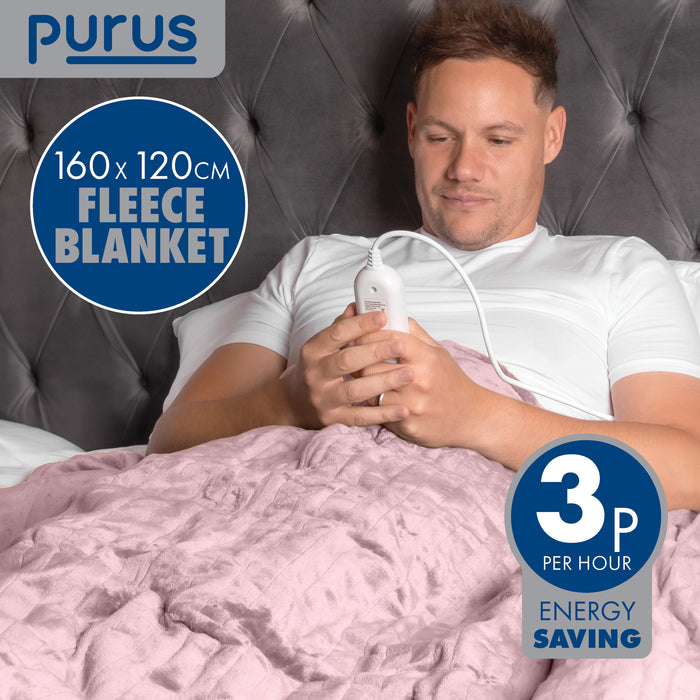 Purus Purus Pink Electric Heated Blanket | Soft Fleece Throw with Timer