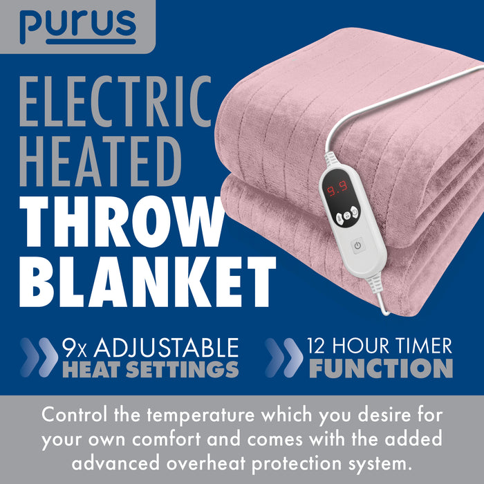 Purus Purus Pink Electric Heated Blanket | Soft Fleece Throw with Timer