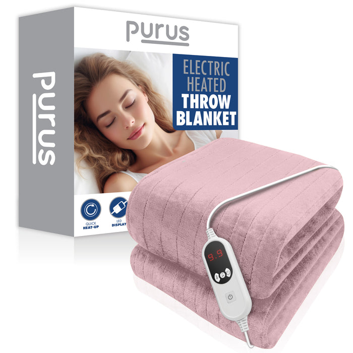 Purus Purus Pink Electric Heated Blanket | Soft Fleece Throw with Timer