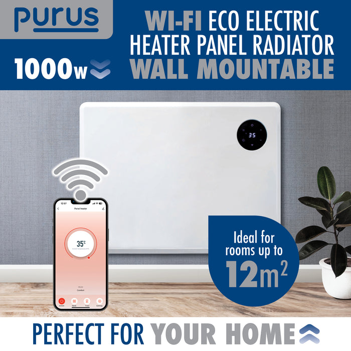 Purus Purus WIFI Electric Wall Panel Heater 1000W | Bathroom Safe White Radiator