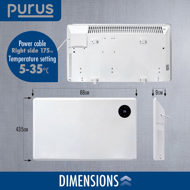 Purus Purus WIFI Electric Wall Panel Heater 1200W | Bathroom Safe White Radiator