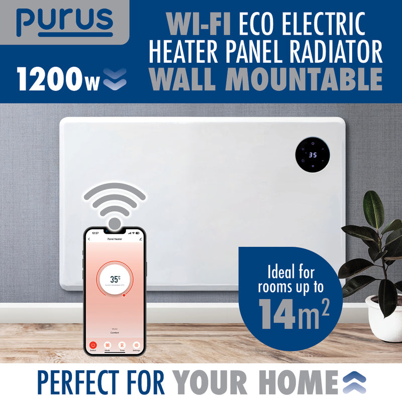 Purus Purus WIFI Electric Wall Panel Heater 1200W | Bathroom Safe White Radiator