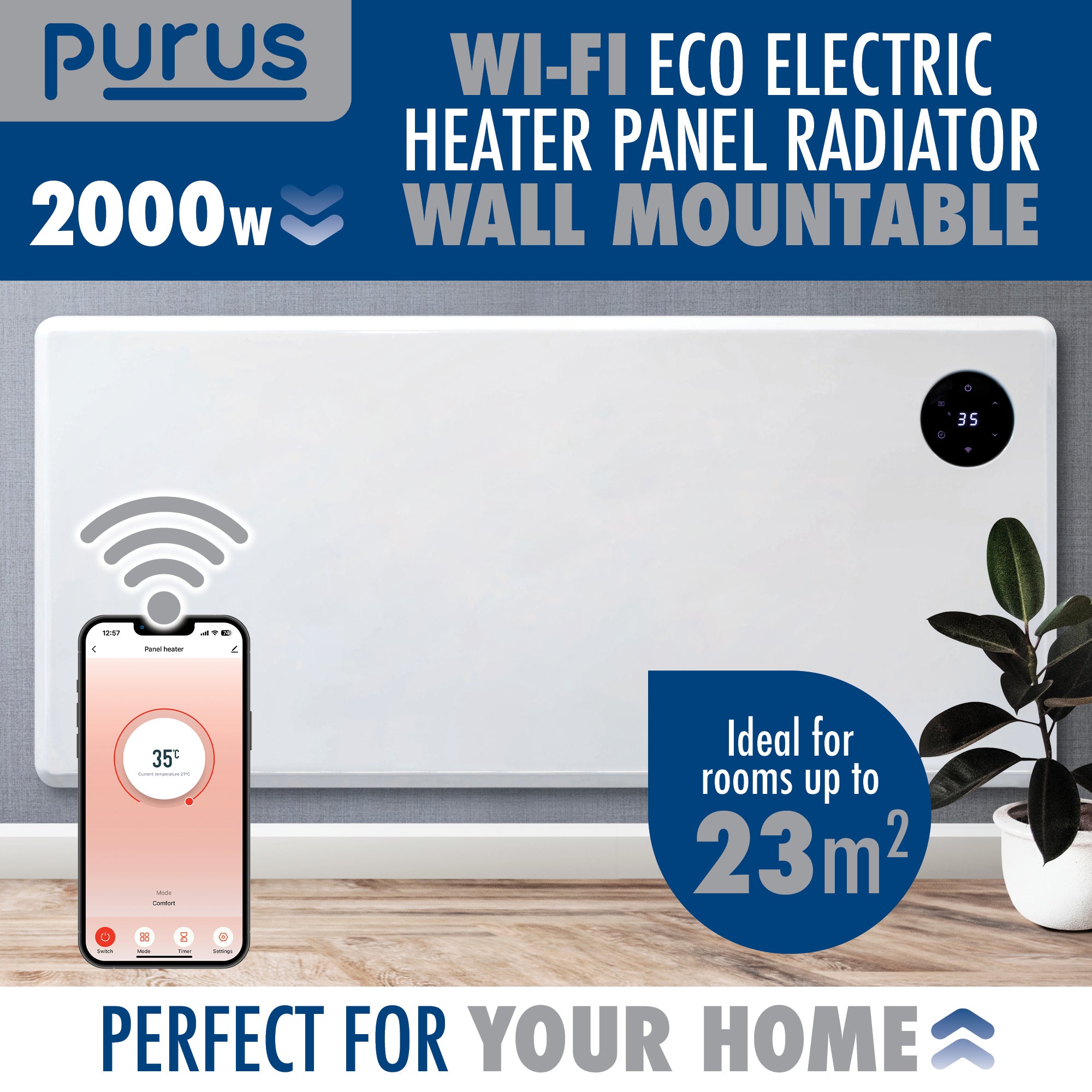 Purus WIFI Electric Wall Panel Heater 2000W | Bathroom Safe White Radi