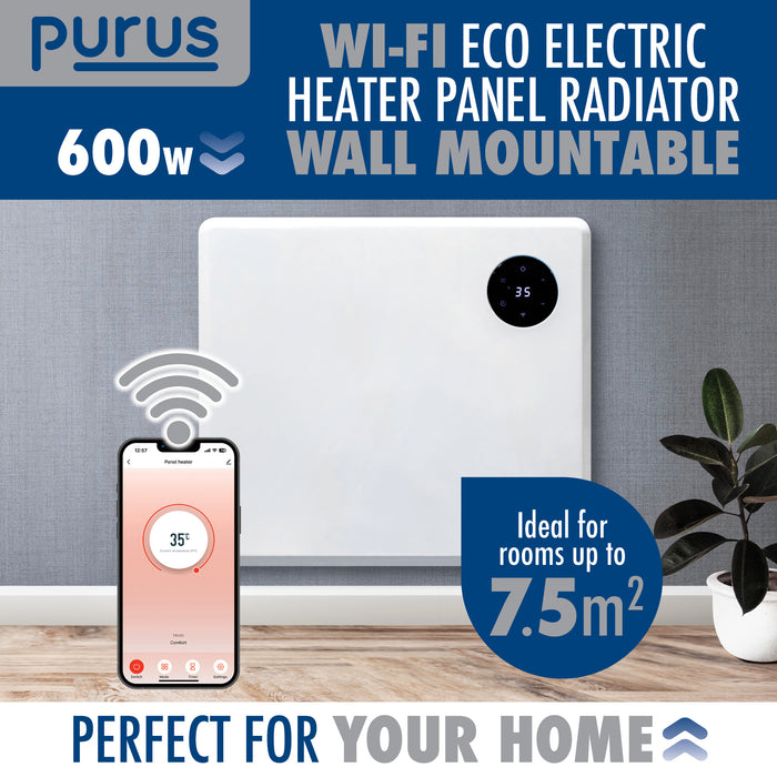 Purus Purus WIFI Electric Wall Panel Heater 600W | Bathroom Safe White Radiator