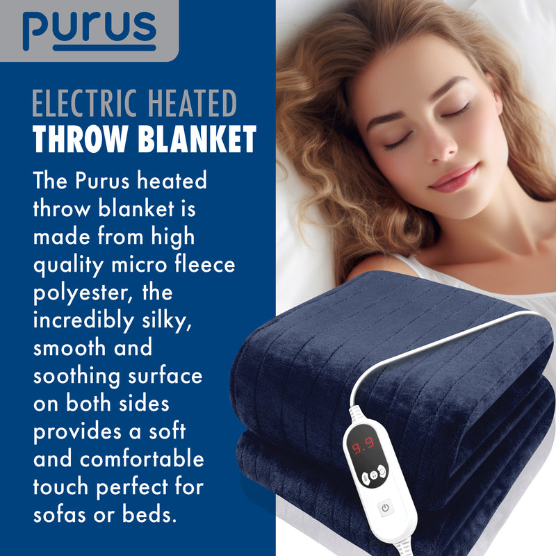 Purus Purus XL Electric Blanket | Navy Blue Heated Fleece Over Throw