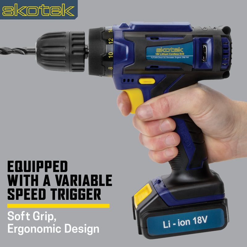 Skotek Skotek 18V Combi Drill | Cordless Drill with 13pc Bit Set