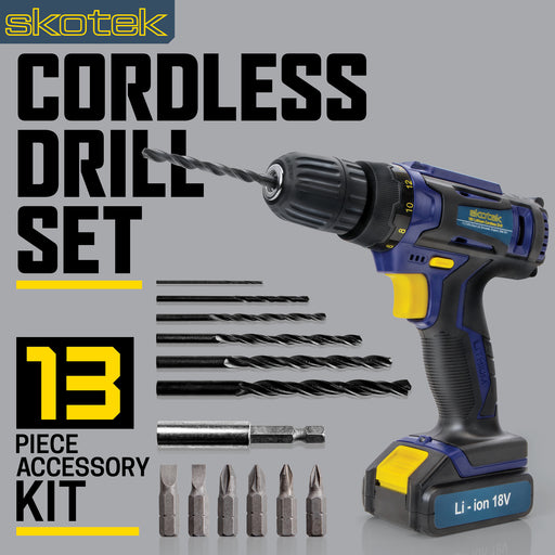 Skotek Skotek 18V Combi Drill | Cordless Drill with 13pc Bit Set