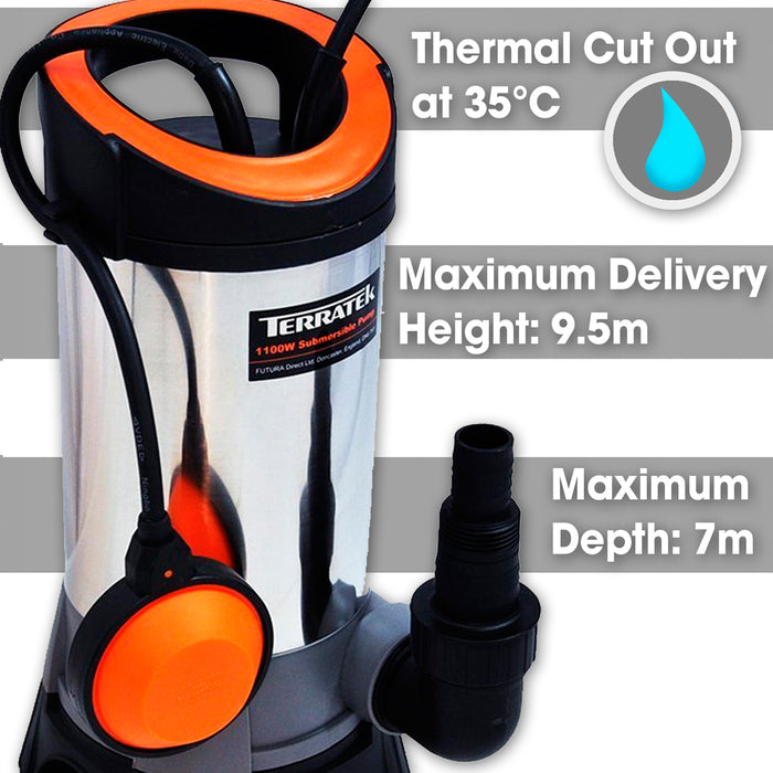 Terratek Submersible Water Pump | 1100W Dirty Water Drainage Pump