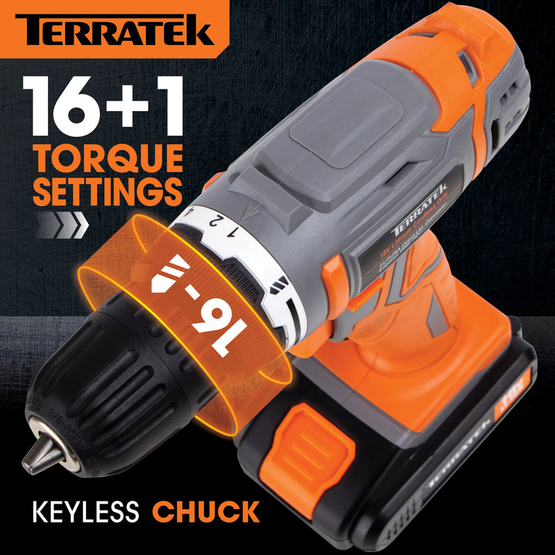 Terratek Terratek 18V Combi Drill | Cordless Drill with 2 Batteries