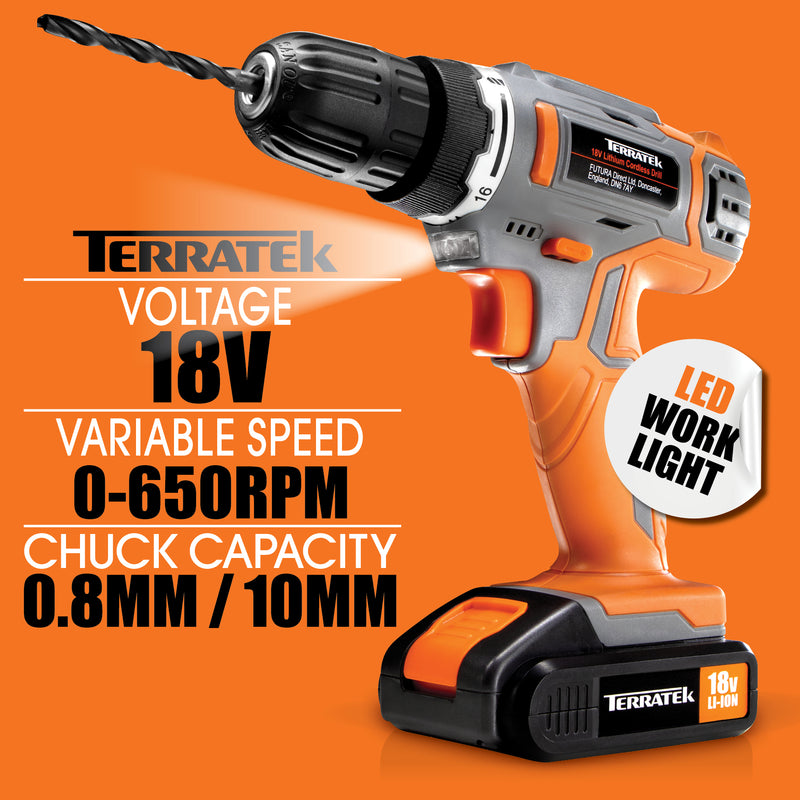 Terratek Terratek 18V Combi Drill | Cordless Drill with 2 Batteries