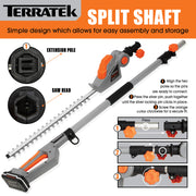 Terratek Terratek 2.4m Long Reach Hedge Trimmer | 20V Cordless Extendable Pole Cutter
