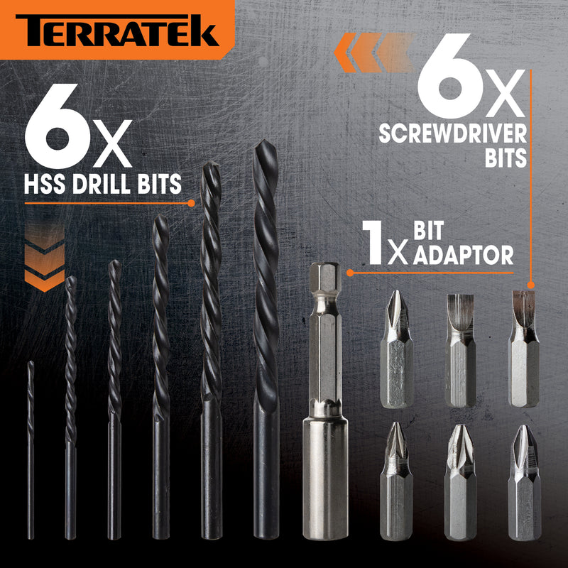 Terratek Terratek Cordless Drill Set | Battery Powered Combi Drill with Bits