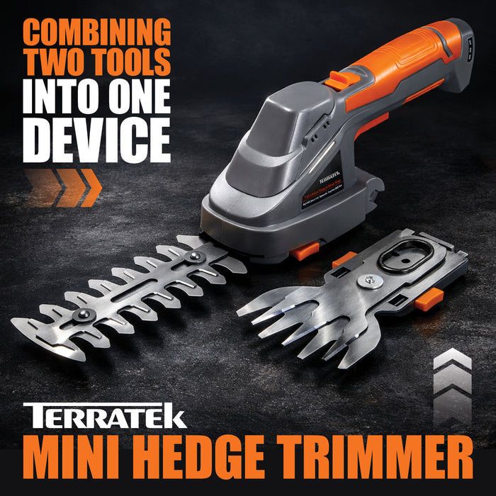 Terratek Terratek Cordless Hedge Trimmer | 7.2V 2-in-1 Battery Hedge Cutter