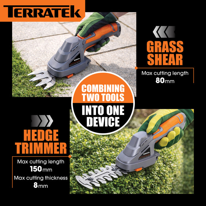 Terratek Terratek Cordless Hedge Trimmer | 7.2V 2-in-1 Battery Hedge Cutter