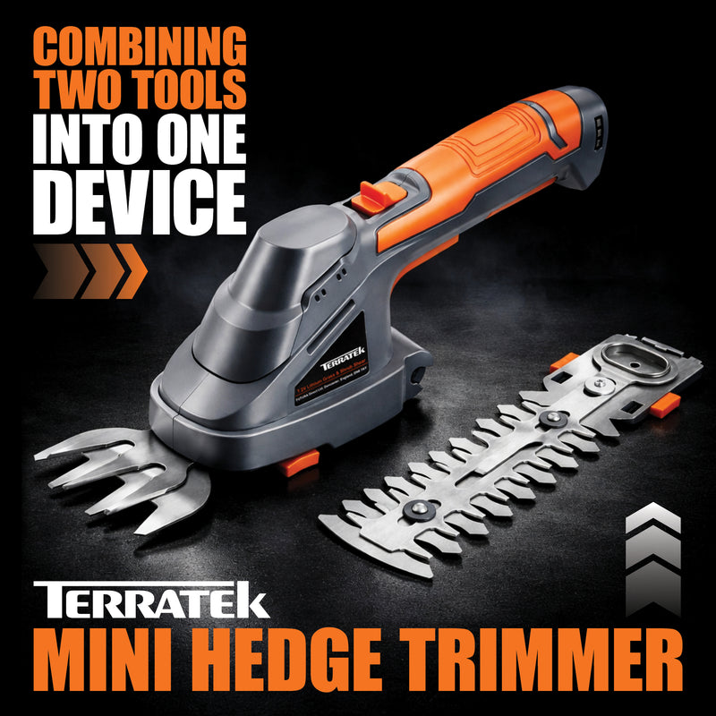 Terratek Terratek Cordless Hedge Trimmer | 7.2V 2-in-1 Battery Hedge Cutter