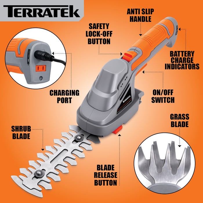 Terratek Terratek Cordless Hedge Trimmer | 7.2V 2-in-1 Battery Hedge Cutter