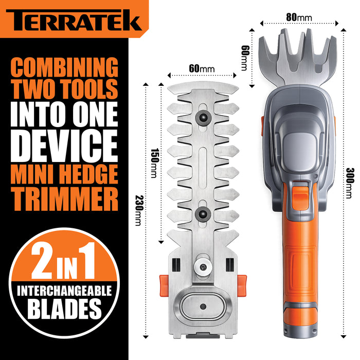 Terratek Terratek Cordless Hedge Trimmer | 7.2V 2-in-1 Battery Hedge Cutter