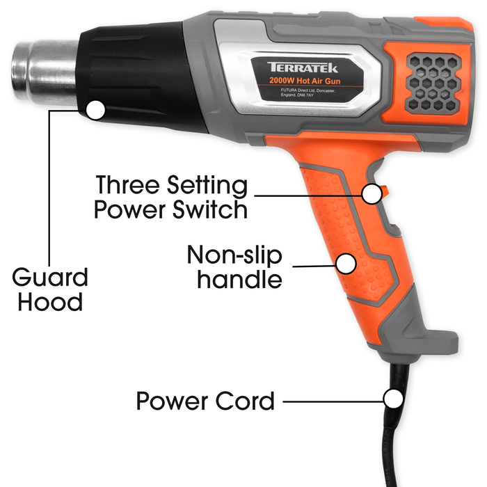 Futura Direct Terratek Pro 2000W Heat Gun Professional Hot Air Gun, Variable Temperature Control 80°C - 600°C