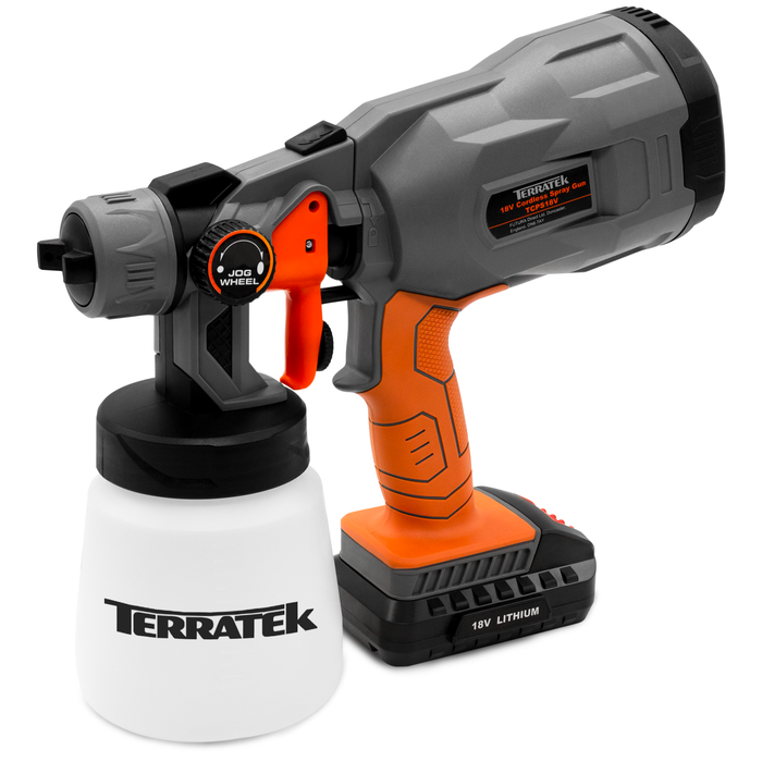 Terratek 18V Max Cordless Electric Spray Gun Fence Sprayer, 700ml Paint Container, HVLP Hand Held Spray Gun