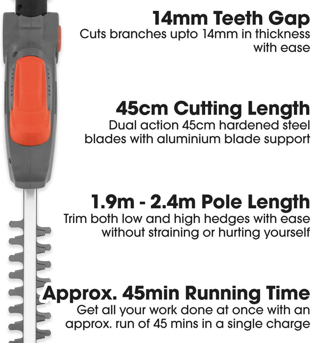Terratek Long Reach Cordless Hedge Trimmer 18V / 20V-Max Lithium-Ion 2.4m Telescopic Extendable Pole 450mm Cutting Length