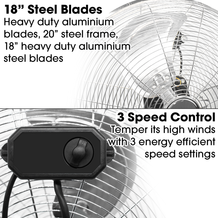 High Velocity Floor Fan Large 20 Inch 50cm 110W Max Power Chrome Fan