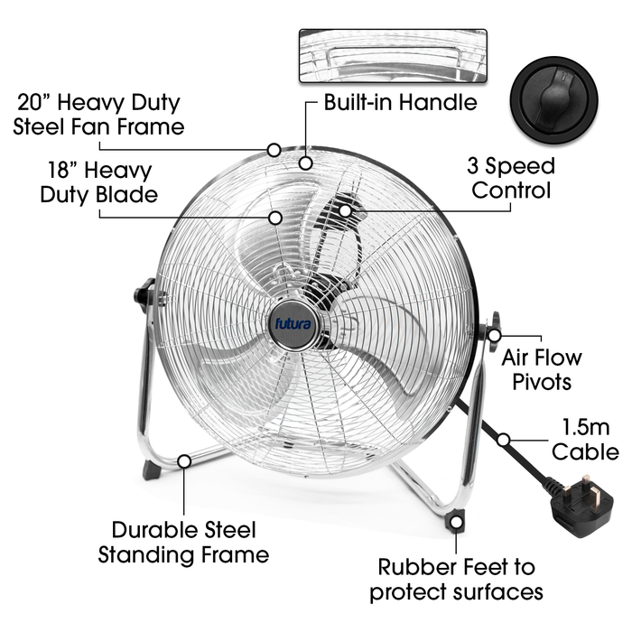 High Velocity Floor Fan Large 20 Inch 50cm 110W Max Power Chrome Fan