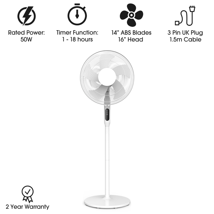 Futura White 16inch Oscillating Pedestal Standing Fan, Remote & Timer