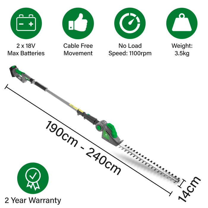 Gracious Gardens 18V Max Cordless Electric Hedge Trimmer Long Reach Lithium-Ion 2.4m Telescopic Extendable Pole 45cm Cutting Length, 5 Positions for Tall Hedges, Battery Powered