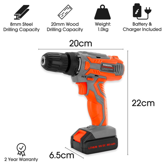 Terratek 13Pc Cordless Drill Driver 18V/20V-Max Lithium-Ion Combi Drill in Carry Case