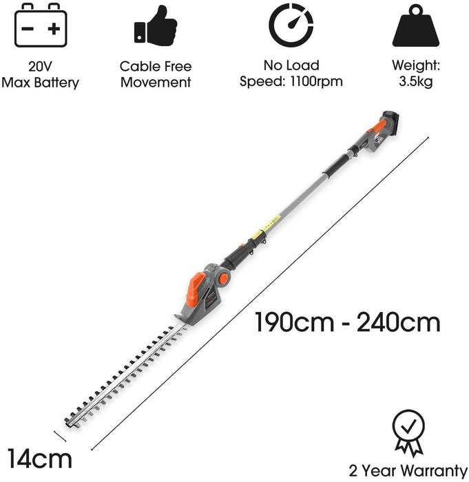 Terratek Long Reach Cordless Hedge Trimmer 18V / 20V-Max Lithium-Ion 2.4m Telescopic Extendable Pole 450mm Cutting Length