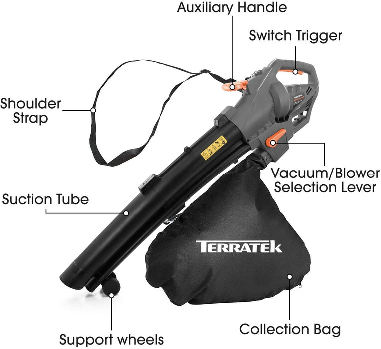 Terratek 3000W 35L Leaf Blower Garden Vacuum and Shredder, 10m Cable