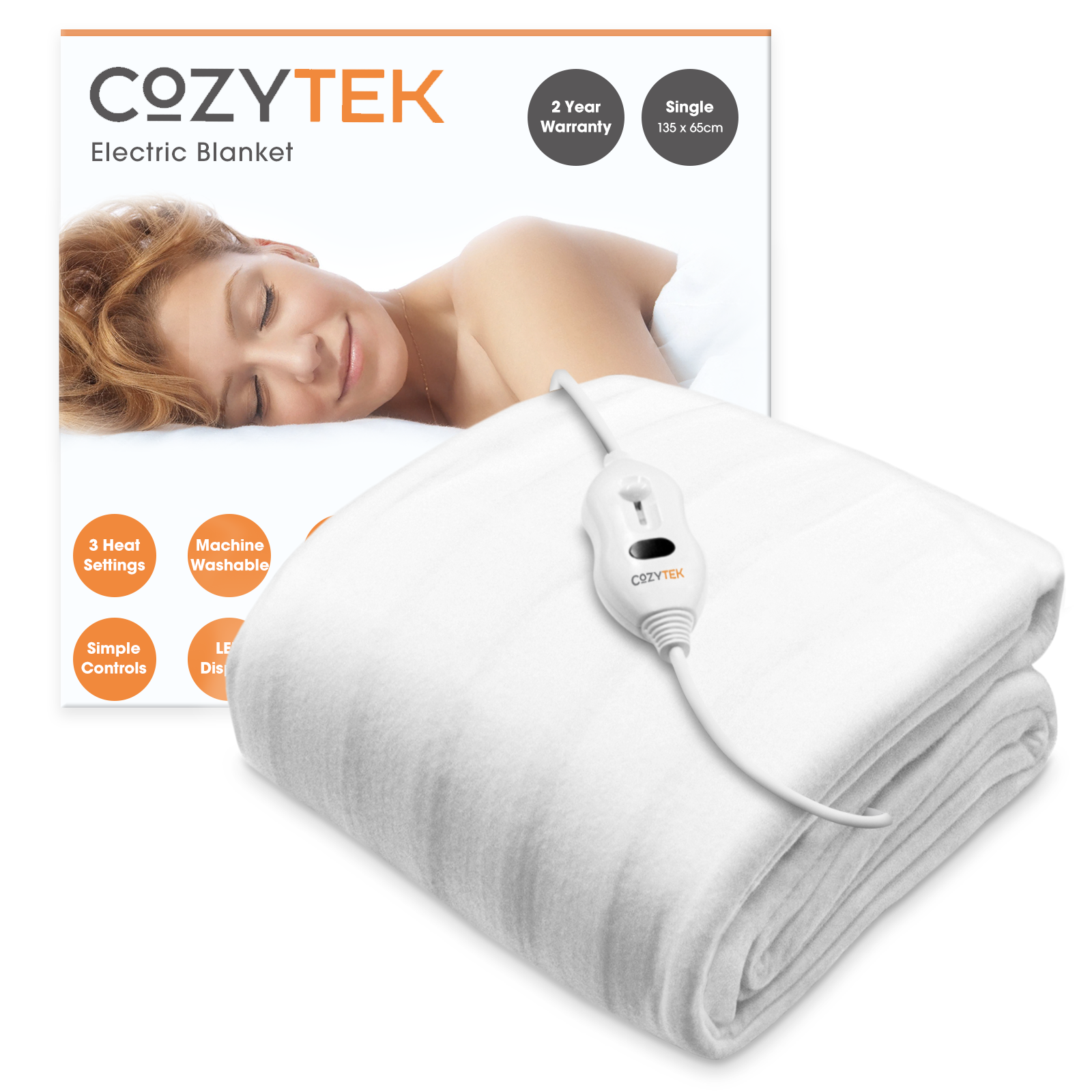 Premium Comfort Single Electric Blanket - Control with 3 Heat Settings,  Polyester, White : : Health & Personal Care