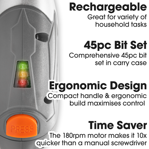 Futura Direct Cordless Screwdriver Terratek 3.6V 1300 mAh Rechargeable Lithium-Ion Battery Massive 45Pc Accessory Kit