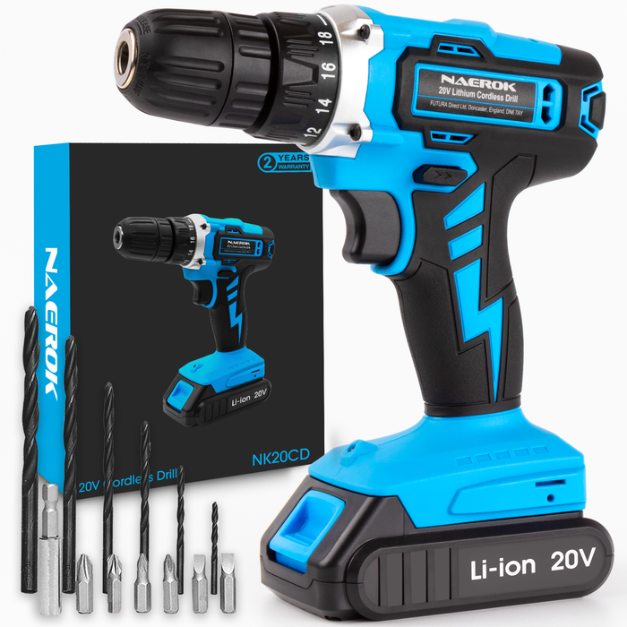 Futura Direct Naerok 20V Cordless Drill Driver with 13pc Drill Bit Accessory Kit