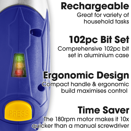 Futura Direct Skotek Cordless Electric Screwdriver 3.6V and 102Pc Screwdriver Drill Bit Accessory Kit