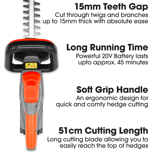 Futura Direct Terratek Cordless Hedge Trimmer 18V / 20V-Max Lithium-Ion, 51cm (510mm) Cutting Length